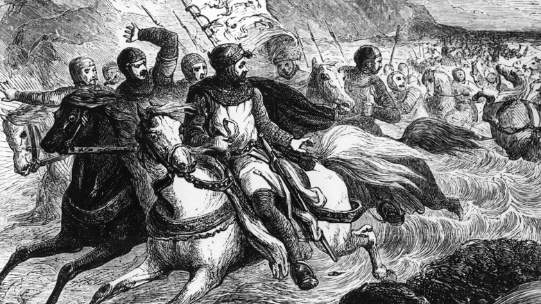 Illustration of King John and company escaping beach during loss of treasure.