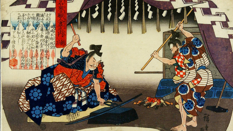 Japanese print of Goro Masamune forging sword with an assistant.