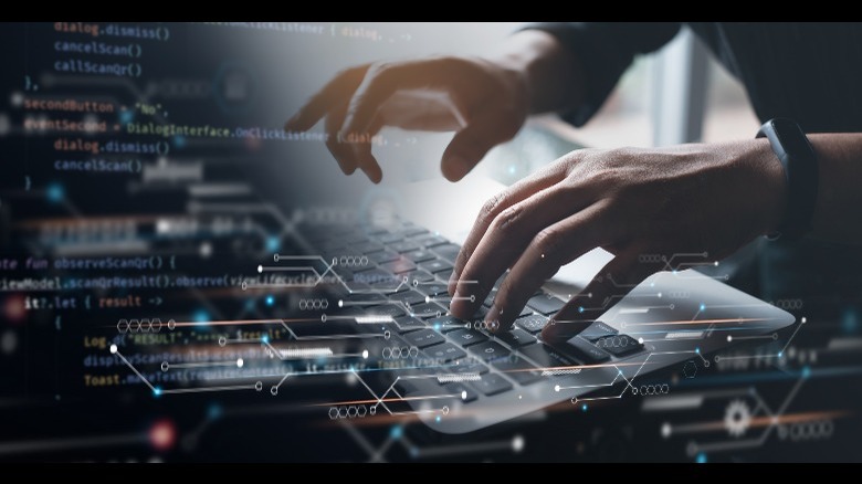 hands typing, keyboard and programming