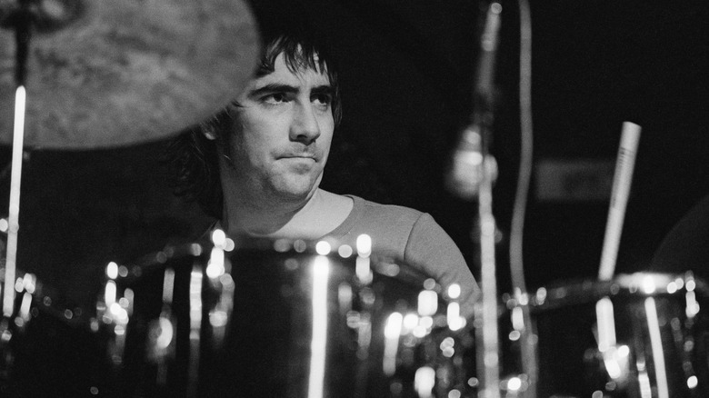 The Who's Keith Moon sitting behind the drumkit in 1973