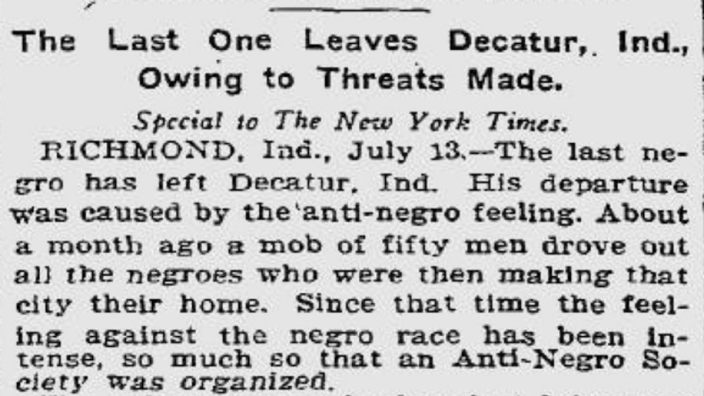 1902 New York Times article detailing the last Black man to be forcefully driven out of Decatur, Indiana.