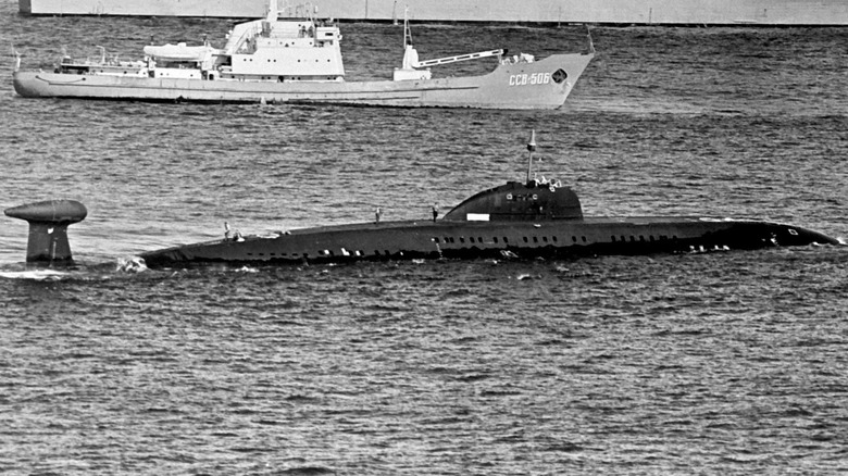 soviet submarine partially underwater