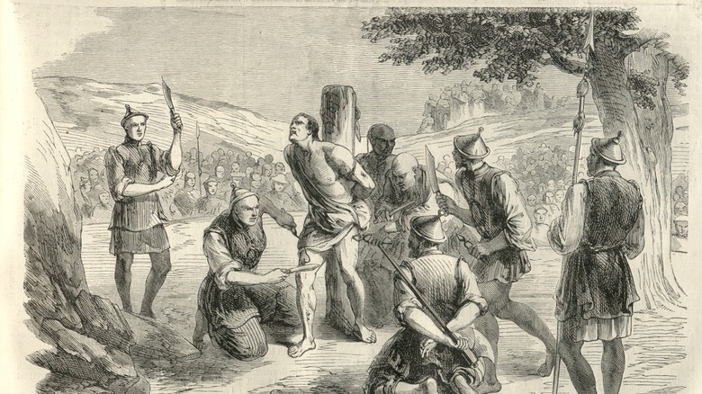 An 1858 illustration from the French newspaper Le Monde Illustré of the torture and execution of a French missionary in China by slow slicing (lingchi).