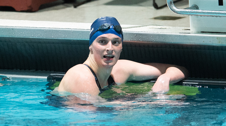 Lia Thomas in the pool after winning the championship