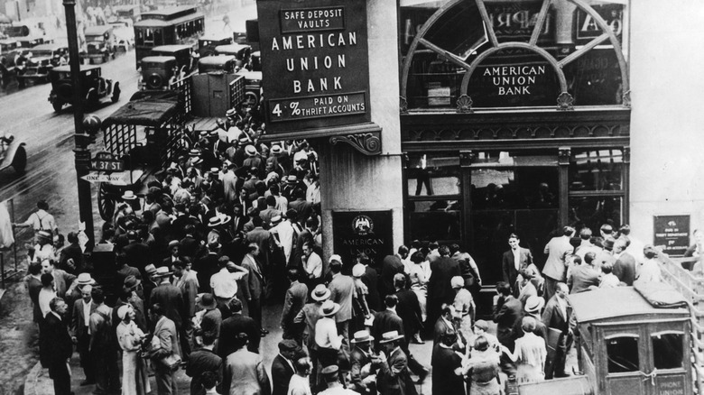 Bank goers crowded around bank