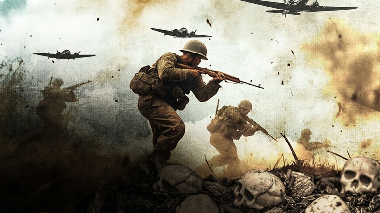 wwii battle ground with airplanes in the sky