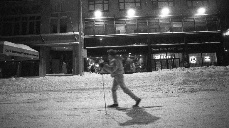 Woman cross-country skiing in Manhattan 