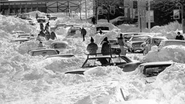 stranded cars on snow-clogged road