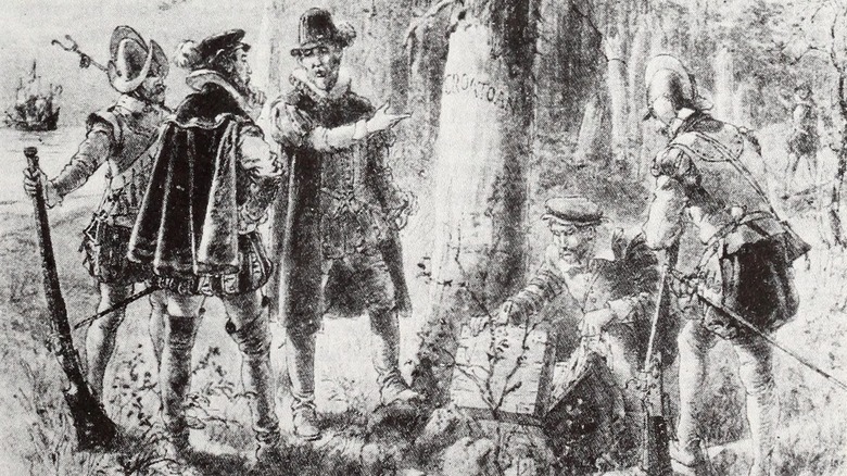 Black and white illustration showing discovery of "Croatoan" carving at Lost Colony of Roanoke