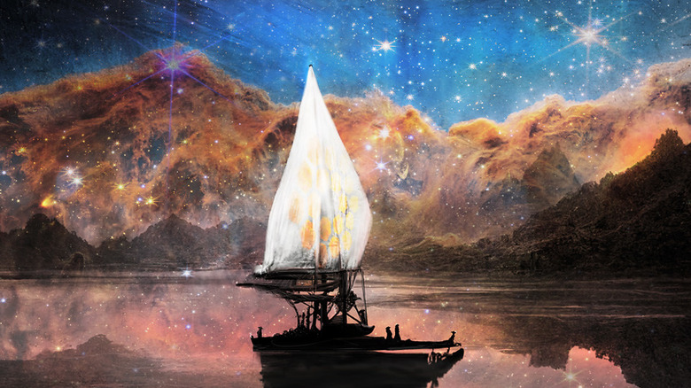Boat sailing in front of nebula