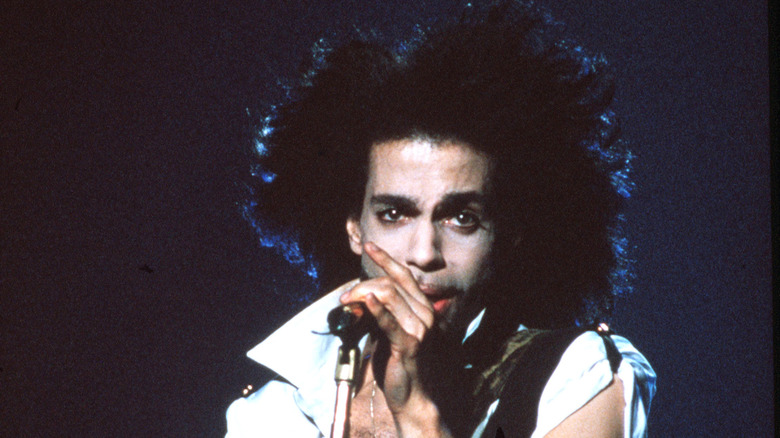 Prince staring at camera with hair blown out