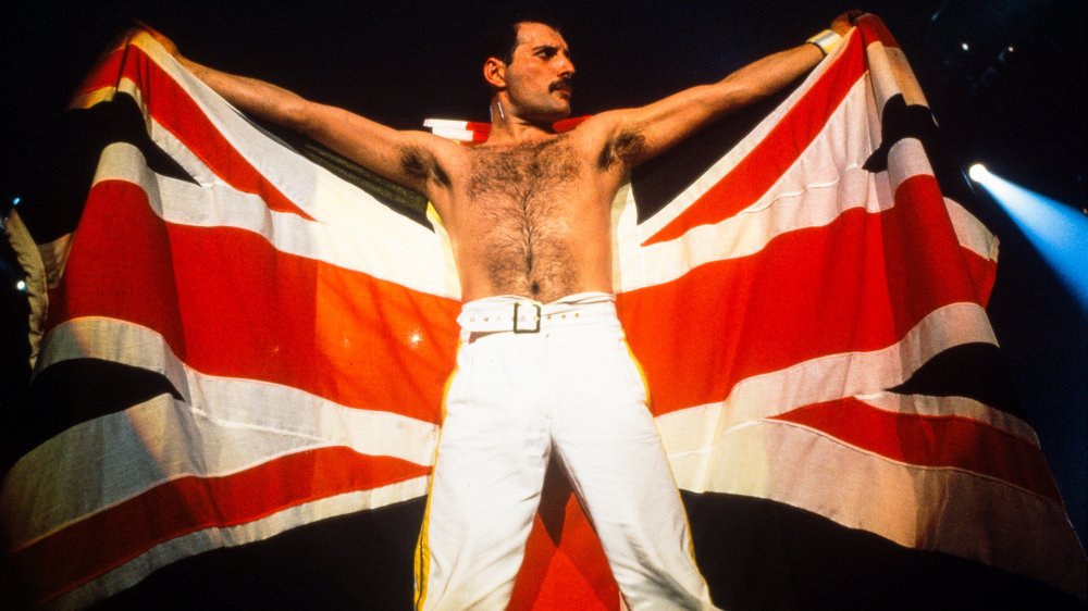 Freddie Mercury posing with flag