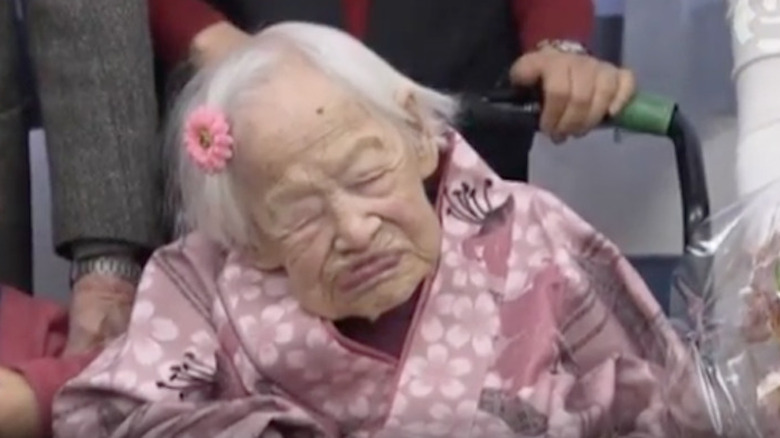 Misao Okawa with eyes closed