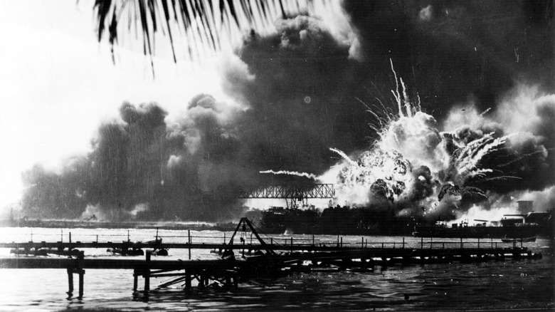ship in flames during pearl harbor attack
