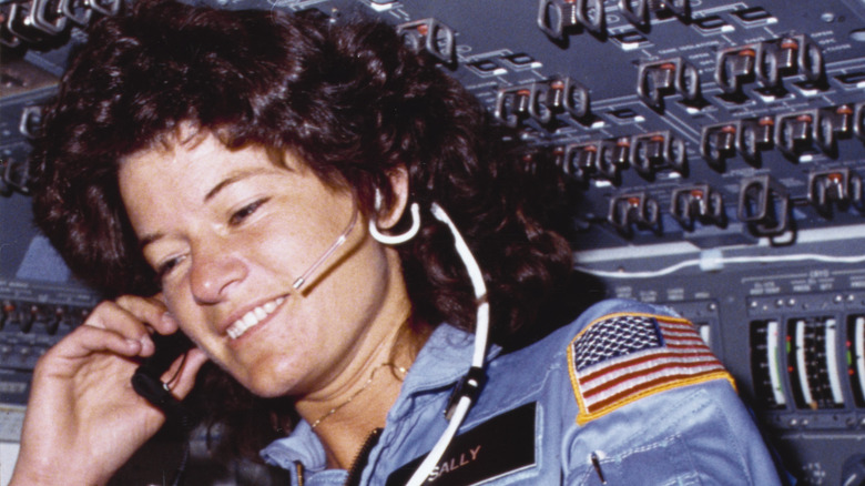 Sally Ride communicating via headgear while in space