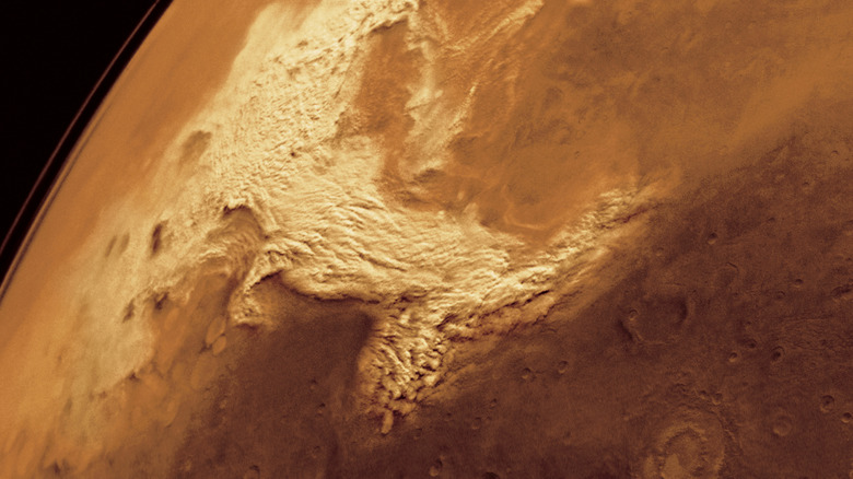 1977 photo mosaic of dust storm on surface of Mars, as seen from orbit