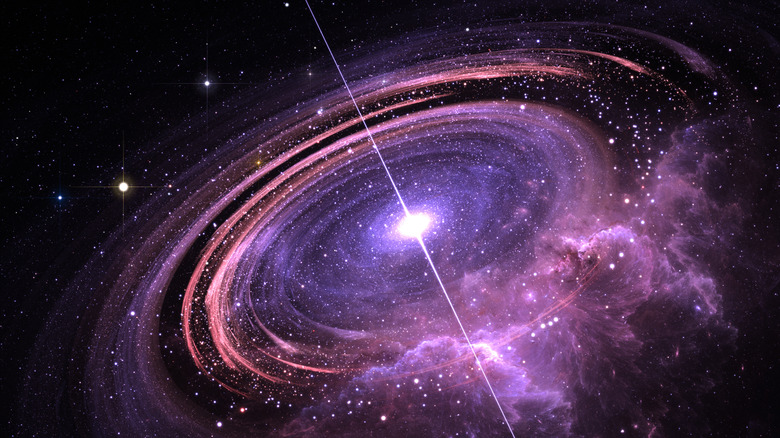 Illustration of radiation-producing quasar surrounded by accretion disk
