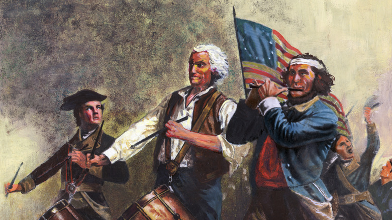 Soldiers march in the "Spirit of 76" painting.