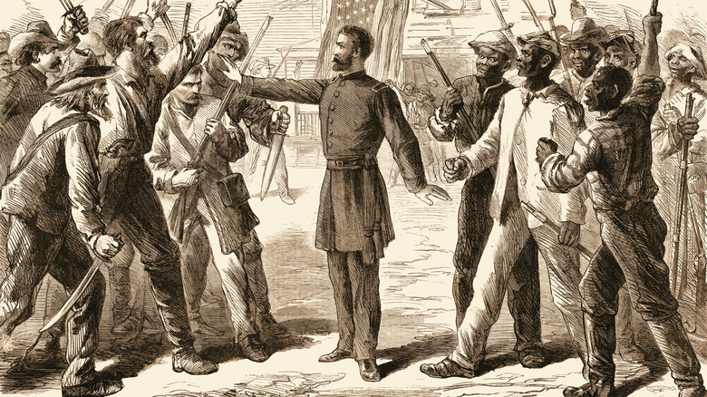 Solider separates black and white workers