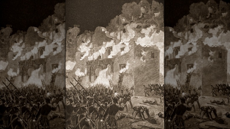The Alamo burns as the Mexican army advances