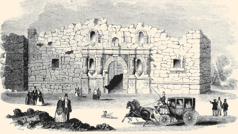 Townspeople gather outside the Alamo church