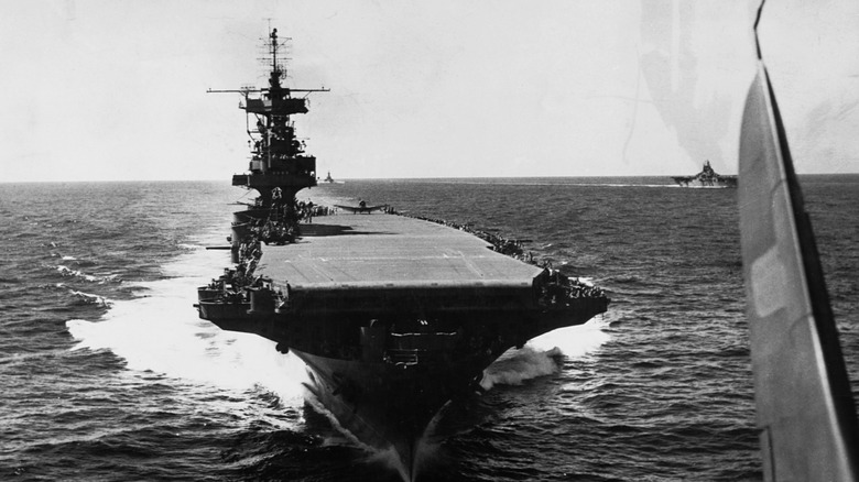 Black and white image of USS Enterprise at sea