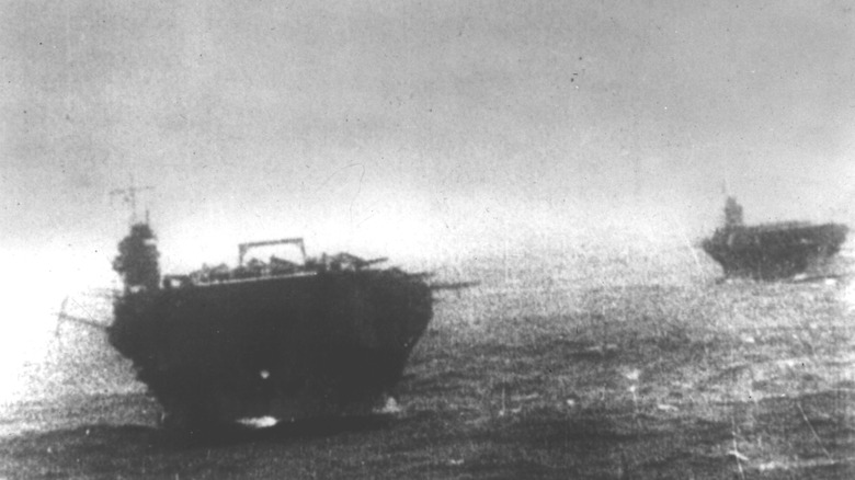 Two Japanese aircraft carriers on ocean, shortly before Pearl Harbor attack