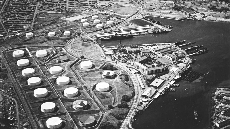 Aerial view of Pearl Harbor submarine base and fuel tank farm, October 1941