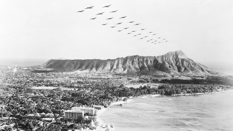 U.S. bombers flying over Diamond Head and Waikiki Beach shortly after Pearl Harbor attack