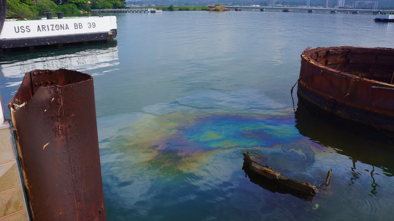 Oil on surface of water above USS Arizona shipwreck