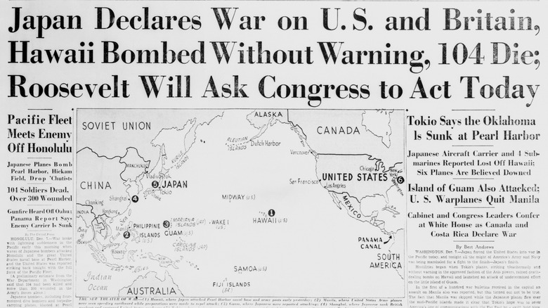 Herald Tribune front page with map of key points in Pacific relating to Pearl Harbor attack
