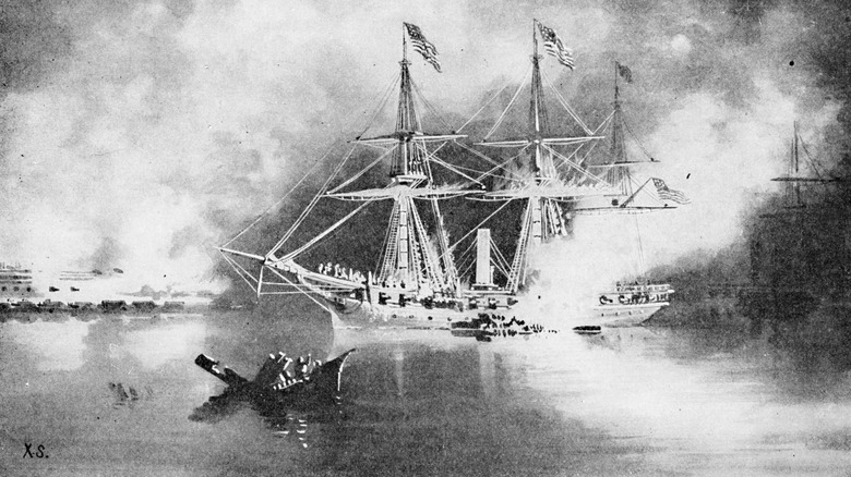 etching of naval battle on mississippi river below new orleans