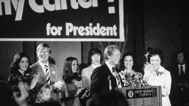 Jimmy Carter at election night podium 1976