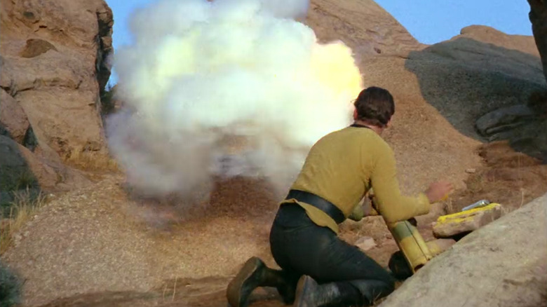 Screenshot of Captain Kirk firing cannon in Star Trek episode, Arena