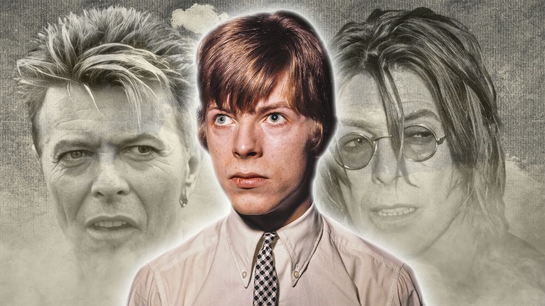 Three side by side photos of david bowie at different ages