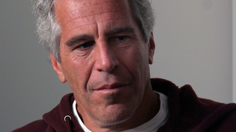 Jeffrey Epstein in red hoodie gray background