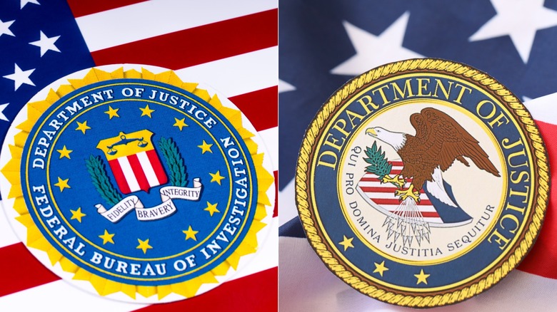 Official seals for the FBI and the DOJ on American flag backgrounds