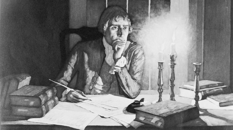 Illustration of Thomas Jefferson writing by candlelight