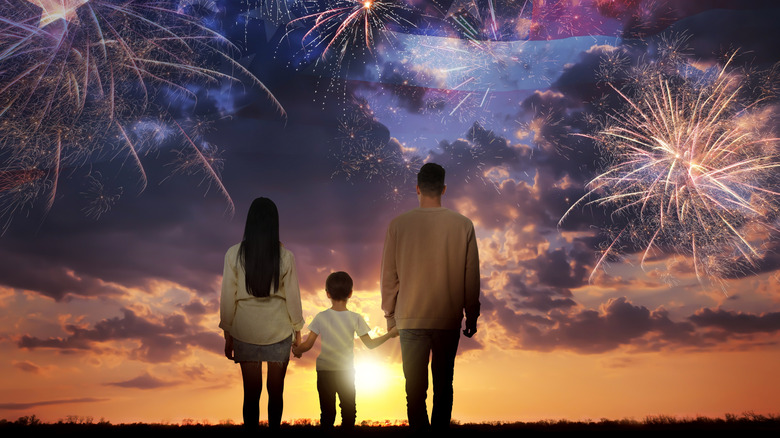 Family standing in front of a horizon and sky with fireworks display