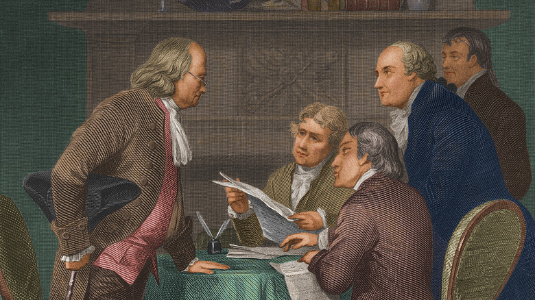 Founding Fathers discussing the Declaration of Independence illustration