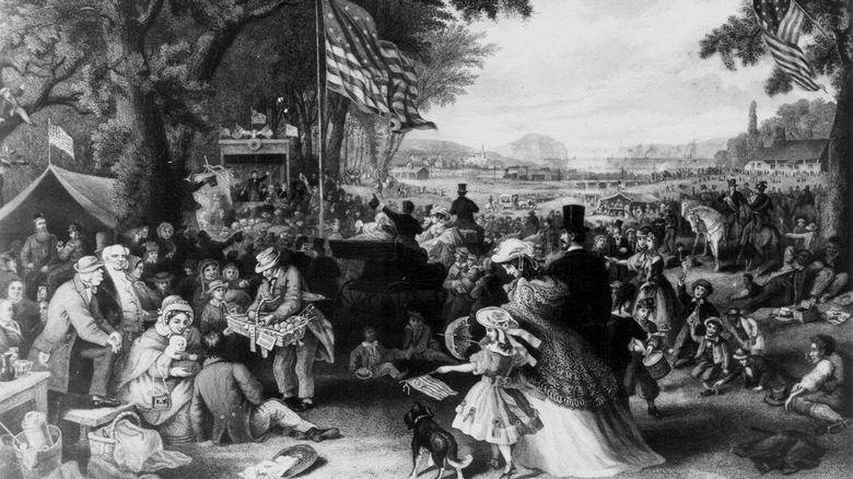 Black and white illustration of 19th century Fourth of July
