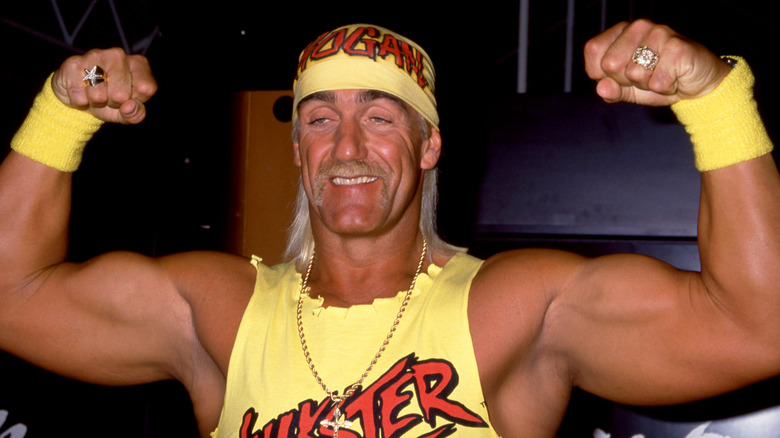 Hulk Hogan flexing his muscles in 1995