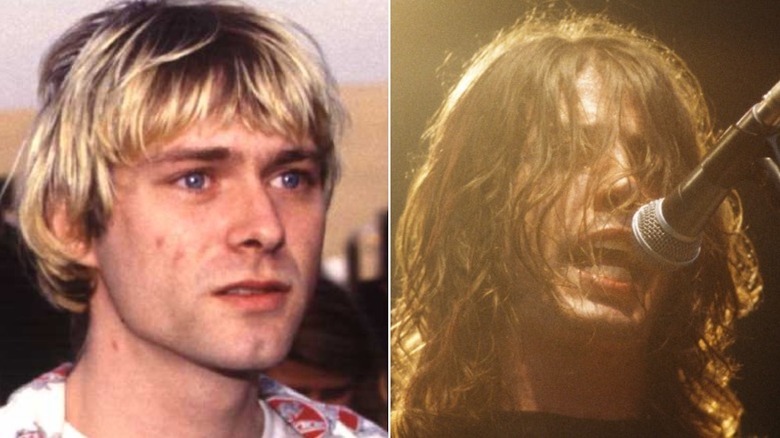 Kurt Cobain wincing, Dave Grohl performing with Foo Fighters