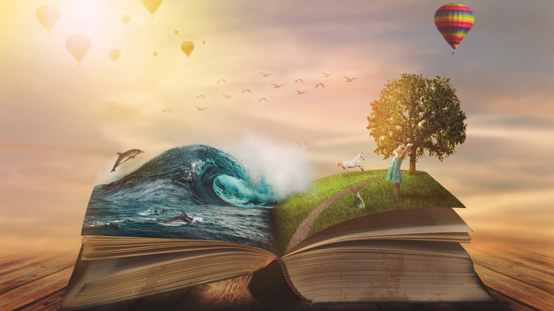Girl standing in the pages of a book