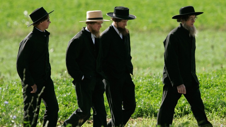 Amish men walking in a field