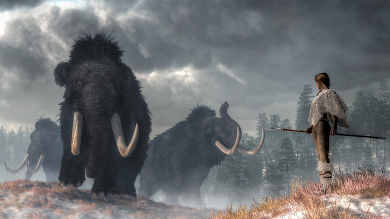 illustration of ice age human with mammoths