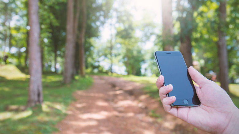 Woman trying to get phone signal in the woods