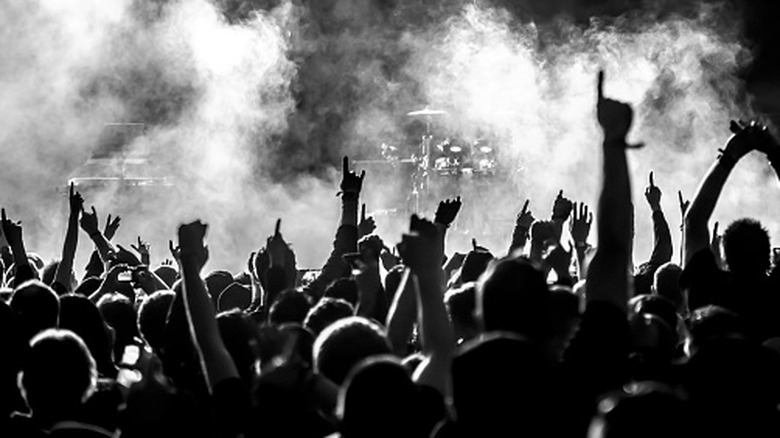 Black and white picture of a rock concert and fans