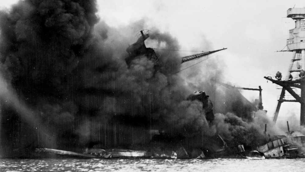 The USS Arizona burning after the attack on Pearl Harbor