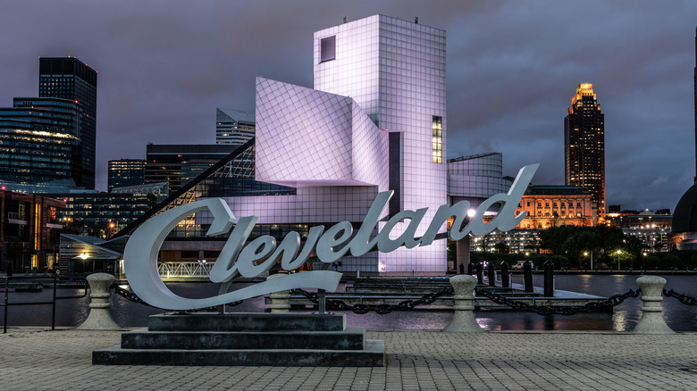 Rock & Roll Hall of Fame Building view of Cleveland sign